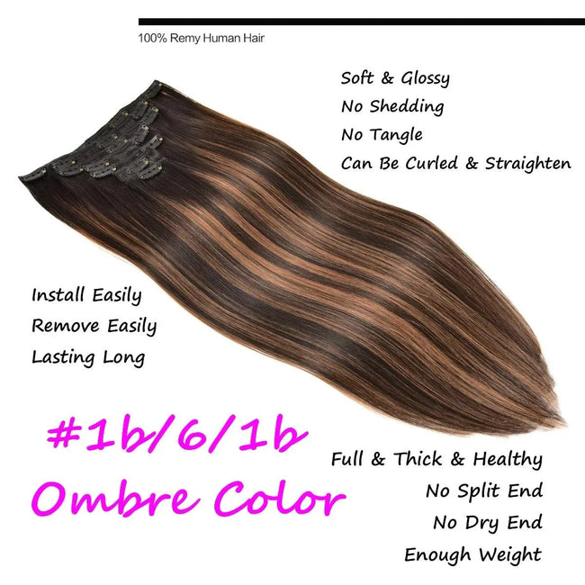 Silky remy human clip in hair extensions with silicone-backed clips for natural volume and length enhancement