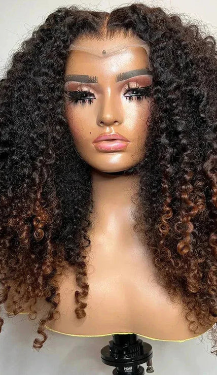 20-inch ombre brown kinky curly glueless wig with pre-plucked hairline and mid part
