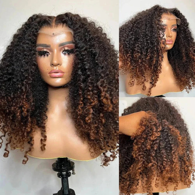 Layered ombre brown 20-inch glueless kinky curly wig with pre-plucked hairline and mid part