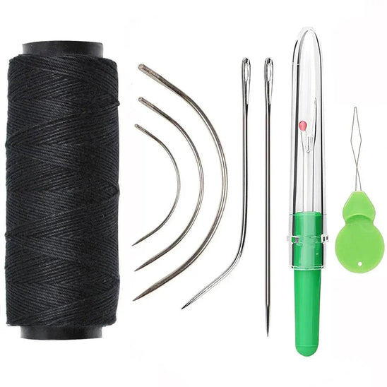 Hair Weaving Essentials Kit with sewing threads, curved needles, and thimble for hair extensions