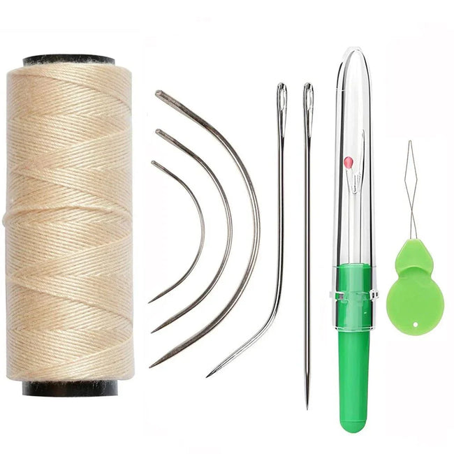 Hair Weaving Essentials Kit with sewing threads, curved needles, and thimble for hair extensions