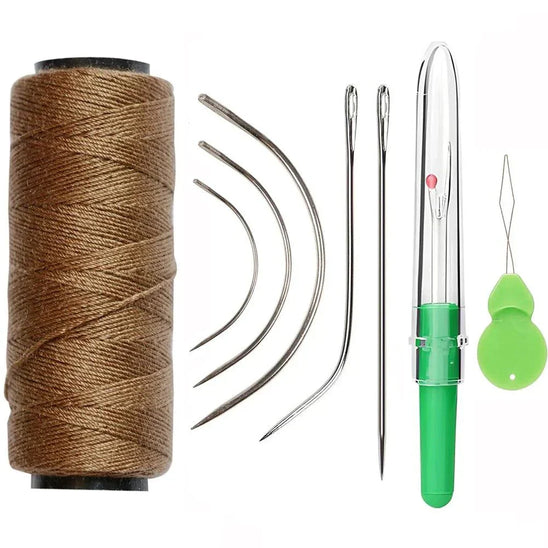 Hair Weaving Essentials Kit with 3 rolls of sewing threads, 10 curved needles, and thimble for hair extensions