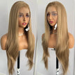 Blonde highlights lace front wig with long straight synthetic hair in mixed color by AIMEYA