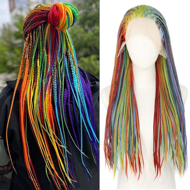 Rainbrow colored box braided wig 26-inch long synthetic cornrow crochet braids with 13x3 lace front for black women