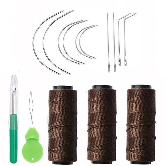 Hair weaving essentials kit with sewing threads, curved needles, and thimble for hair extensions