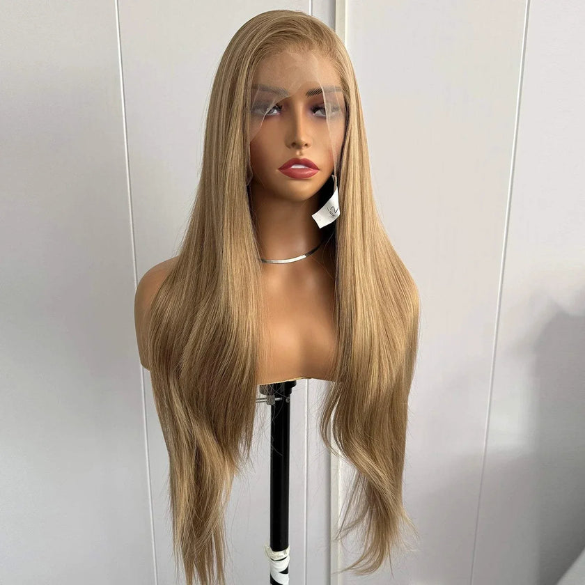 Blonde highlights lace front wig with long silky straight synthetic hair for women