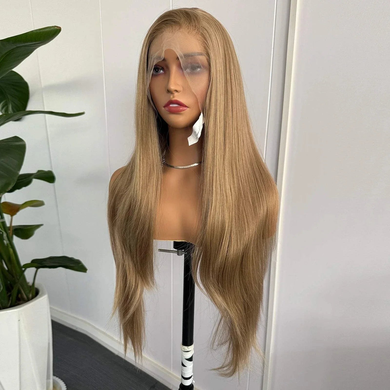 Blonde highlights lace front wig long silky straight synthetic hair for women