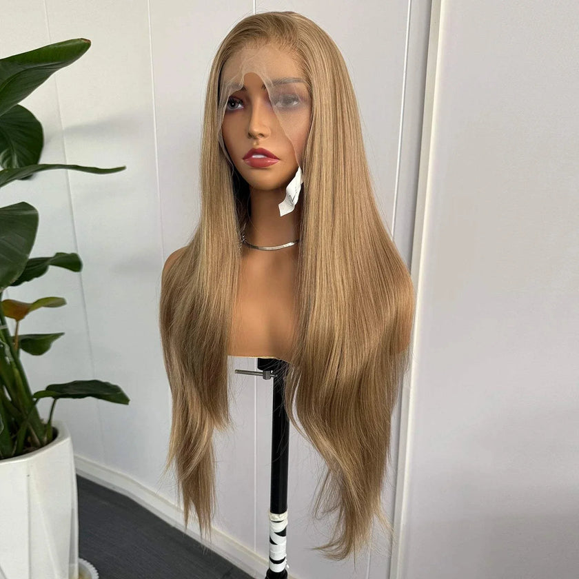Blonde highlights lace front wig long silky straight synthetic hair for women