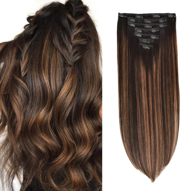 Set of natural clip in hair extensions with silicon-backed clips for easy wear and blending