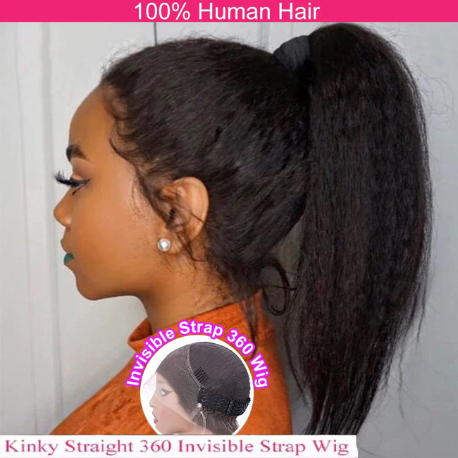 360 Full HD Swiss Lace glueless kinky straight human hair wig with invisible straps and natural hairline