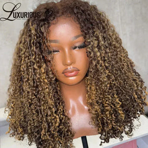 Highlight Ombre Honey Blonde Human Hair Wig with 4c Edges and Bouncy Curly Lace Front