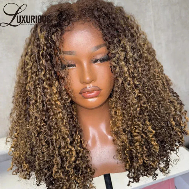 Ombre Honey Blonde human hair wig with 4c edges and bouncy curly lace front style