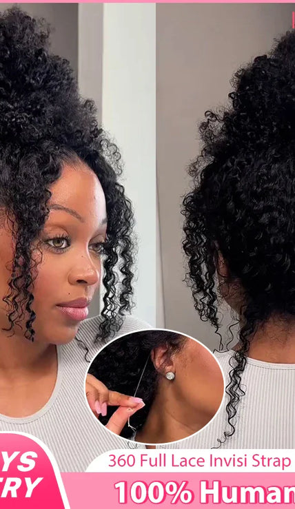 360 HD full lace front curly wig made of 100% Brazilian human Remy hair with transparent Swiss lace and adjustable cap.