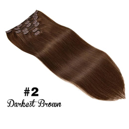 High-quality clip in hair extensions made of silky remy human hair with discreet silicon-backed clips for natural volume and length.