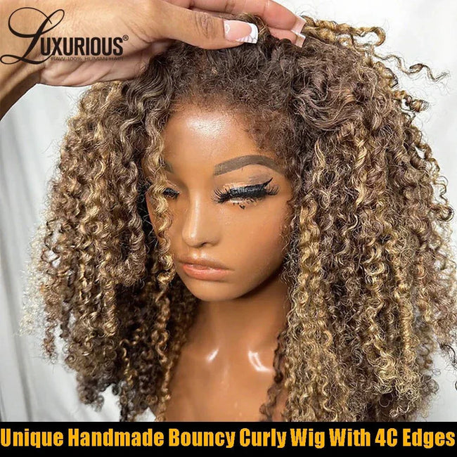 Ombre honey blonde curly lace front wig with 250% density and 4c edges