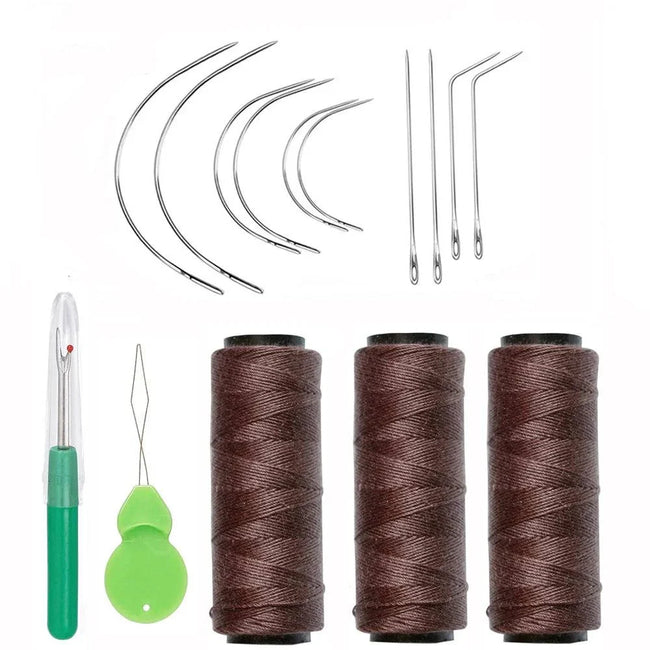 Hair Weaving Essentials Kit with 3 sewing threads, 10 curved needles, and thimble for hair extensions