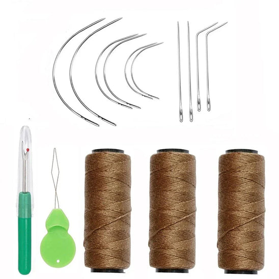 Hair Weaving Essentials Kit with sewing threads, curved needles, and thimble for hair extensions