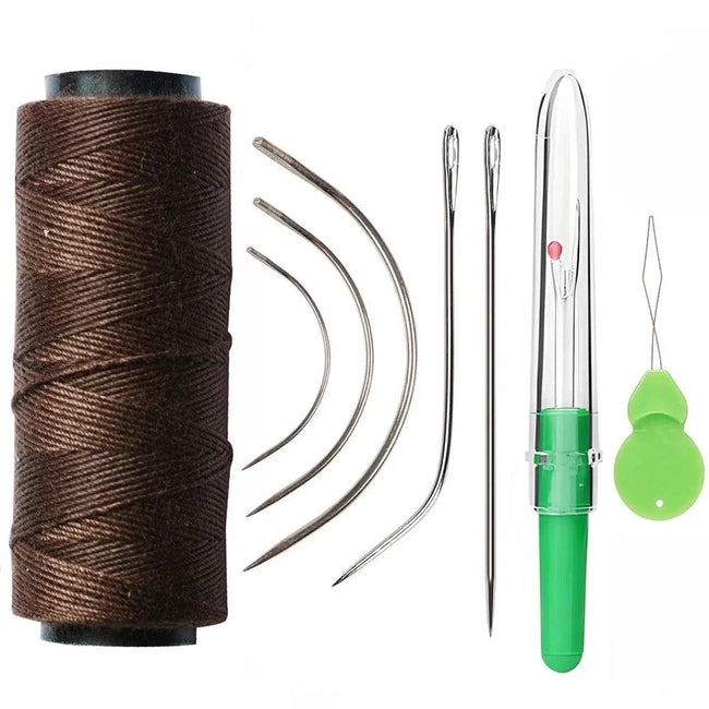 Hair Weaving Essentials Kit with sewing threads, curved needles, and thimble for hair extensions