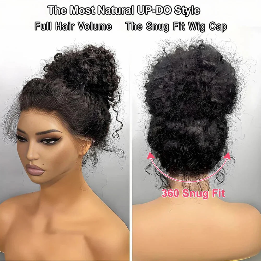 360 HD full lace front curly wig made of 100% Brazilian human hair with transparent Swiss lace and natural black deep wave texture