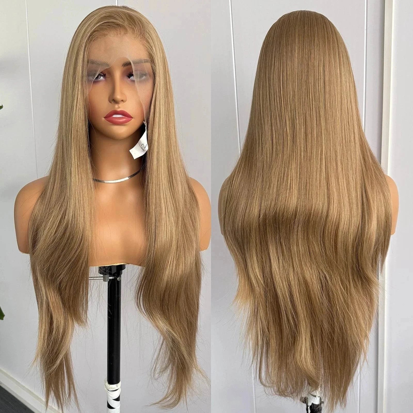 Blonde highlights lace front wig with long silky straight synthetic hair for women
