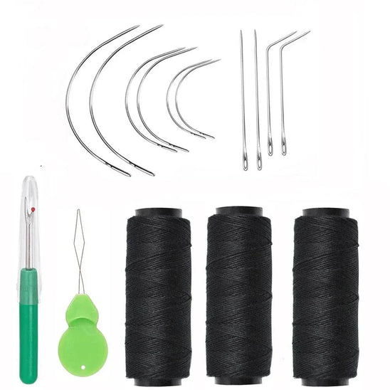 Hair Weaving Essentials Kit with sewing threads, curved needles, and thimble for hair extensions