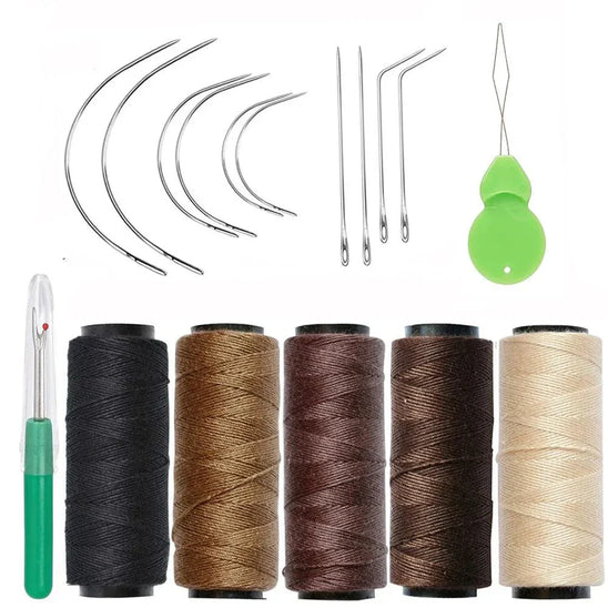 Hair Weaving Essentials Kit with sewing threads, curved needles, and thimble for hair extensions.
