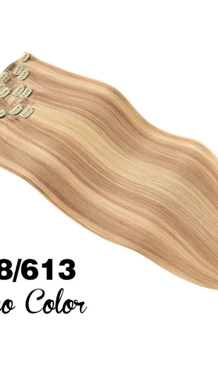Set of premium clip in hair extensions made from silky remy human hair with lightweight silicone-backed clips