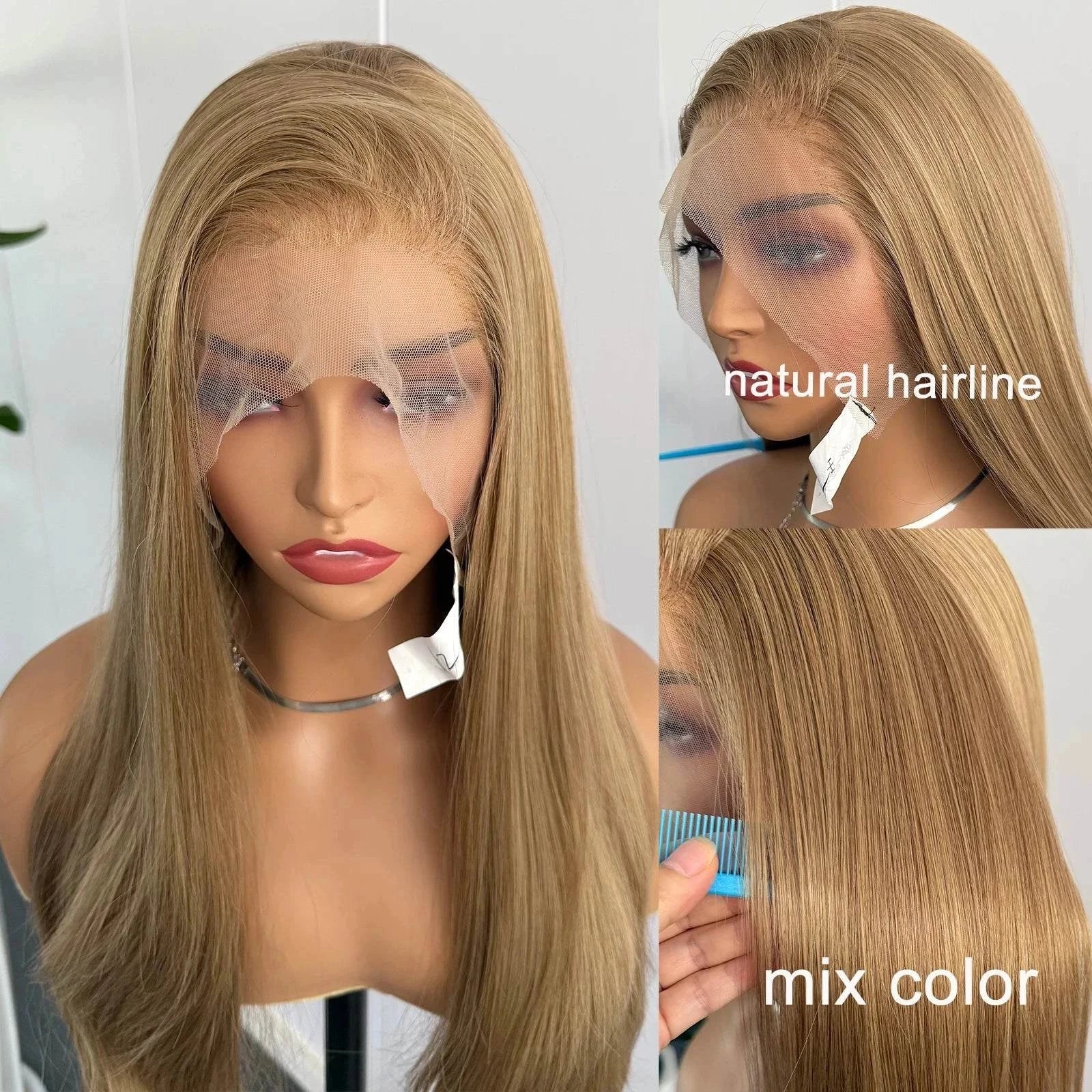 Blonde highlights lace front wig long silky straight synthetic hair for women